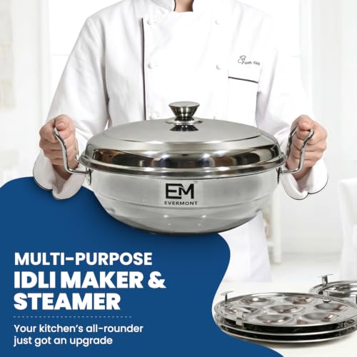 Image of Stainless Steel Multi-Purpose Idli Maker & Steamer for Kitchen | 7 Plates (2 Idli, 2 Mini Idli, 2 Dhokla, 1 Steamer) | Induction & Gas Compatible Multi Kadai | Steamer for Momos, Modak & Vegetables | Heavy Bottom SS 304 | 28cm Idli Maker Dhokla Steamer Momo Cooker, 2 Idli, 2 Dhokla, 2 Mini Idli & 1 Patra Plate, Triply Base