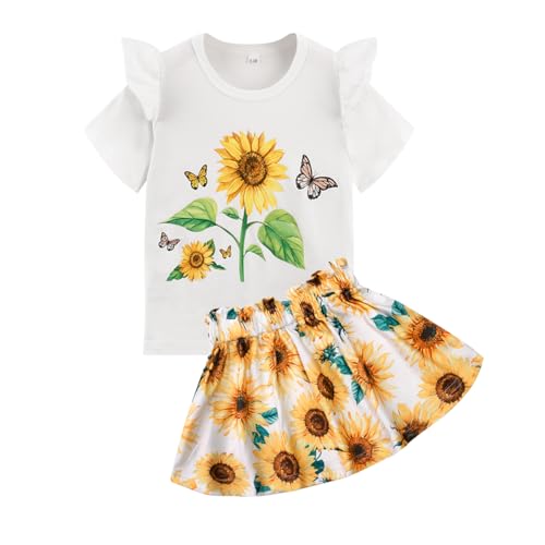 Image of Akyzic Little Girl Skirt Outfit Two Piece Spring Summer Outfit Butterfly Dress Cat Print Skirt Toddler Girl Outfit Set