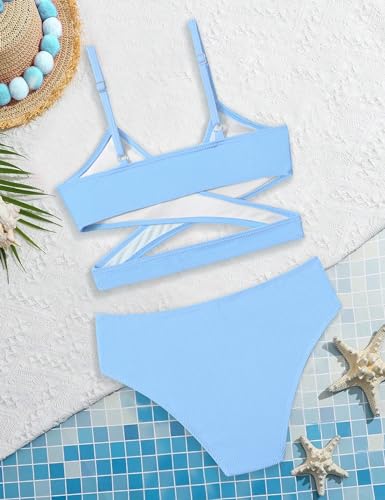 Image of Girls Swimsuit Bikini Set,Criss Cross Bathing Suits for Girl Two Piece Solid Color Girls' Swimwear for 7-16 Years
