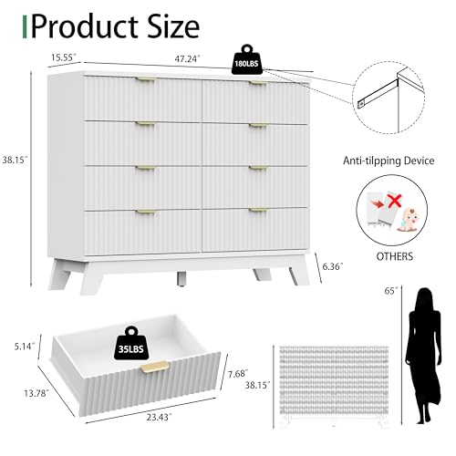 Image of Fluted Dresser for Bedroom with 8 Drawers, 48 inch Wide Modern Chest of Drawers with Metal Handle, Wooden Dresser TV Stand, Wood Closet Clothes Storage Drawer Organizer for Living Room, Hallway, White