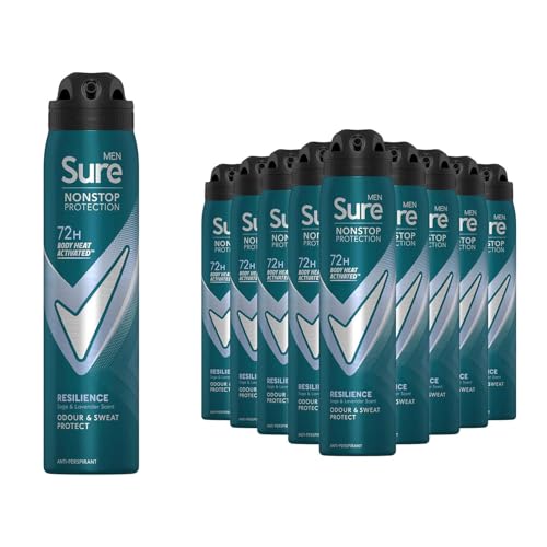 Image of Sure Men Nonstop Protection Anti Perspirant Deodorant Spray Resilience, Pack of 10, Alcohol Free Deodorant for Men 72-Hour Odour and Sweat Protection, 250ml