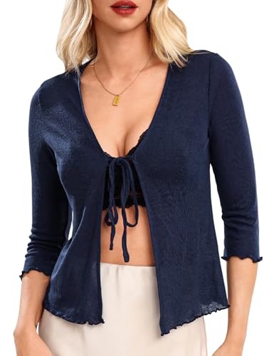 Image of Aiboria Womens 3 /4 Sleeve Shrug Lightweight Bolero Tie Front Cropped Cardigan Navy Blue