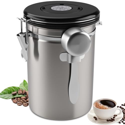 Foydream Kaffeedose Luftdicht, 1,8L Kaffeebohnen Behälter 304 Edelstahl mit Datumsverfolgung und Messlöffel für Mahl, Bohnen, Tee, Mehl, Getreide und Zucker