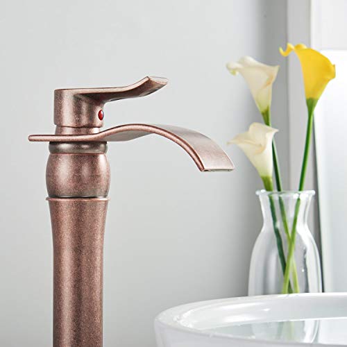 Homevacious Copper Bathroom Vessel Sink Faucet Antique Brass Tall Body Single Handle With Pop Up Drain Without Overflow One Hole Lavatory Waterfall Long Spout Mixer Tap Deck Mount Commercial Lead-Free #TOP6