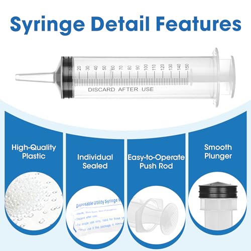 Image of 150mL Plastic Syringe for Liquid - 20 Pack Large Syringes with Adapter | Individually Wrapped for Scientific Labs, Feeding, Oil Filling