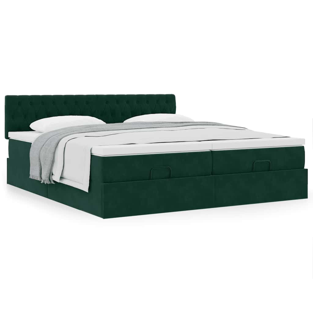 Cama otomana con colchones, verde oscuro 200 x 200 cm terciopelo, espacio de almacenamiento hidráulico, colchón de muelles ensacados, material suave, experiencia de sueño cómoda