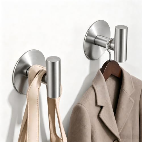 Image of Heavy Duty Self-Adhesive Coat Hooks, Stainless Steel Towel Hooks for Bags, Towels, Robes, Hats, Aprons - No Drill Bathroom, Kitchen, Hotel Wall Hooks (2 Pack, Silver)
