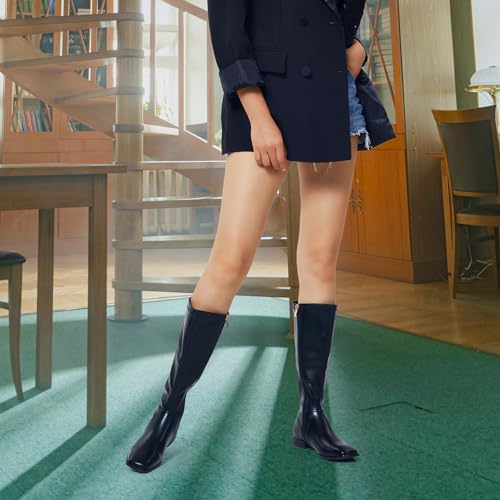 GENSHUO Knee High Boots for Women Comfy Flat Heel Vintage Square Toe Fall Winter Solid Side Zipper Costume Knight Booties Solid Black Size 9
