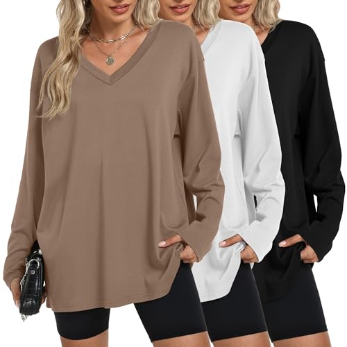 3 Pack Womens Oversized T Shirts Long Sleeve V Neck Cotton Basic Tops Loose Fit Workout Tees Fall Outfits
