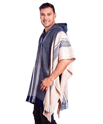 Image of Hodded Beige and Blue Alpaca Poncho for Men inchSuyana inch - Traditional Peruvian Blanklet Poncho