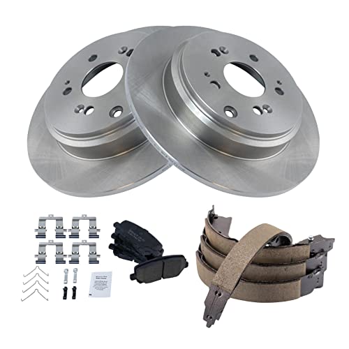 Image of TRQ Rear Brake Pad and Rotor Set Ceramic Parking Brake Shoe Compatible with 2007-2013 Acura MDX 2010-2013 ZDX 2009-2015 Honda Pilot
