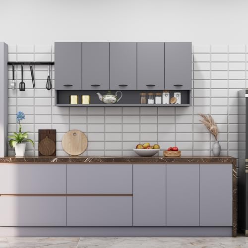 Image of Bniture Engineered Wood Wall-Mount Kitchen Cabinet | Modular Kitchen Storage Cabinet with Shelves & 5 Doors | Space-Saving Wall Cabinet for Kitchen (Slate Grey)