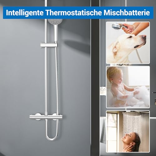 LADOKEE Duscharmatur mit Thermostat, Mischbatterie Dusche mit 2 Auslässen, Duschthermostat mit 38 °C Sicherheitstaste, Chrom, Oben 3/4BSP (25 mm) + Unten 1/2BSP (21 mm), Silber