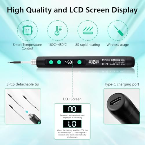 Image of Serplex 15W Handheld Soldering Iron Tool Kit with 3 Bits and Storage Box, USB Cordless Rechargeable Soldering Iron Pen 180-450C Adjustable Welding Tool Kit for Electronics Repair Work - Black