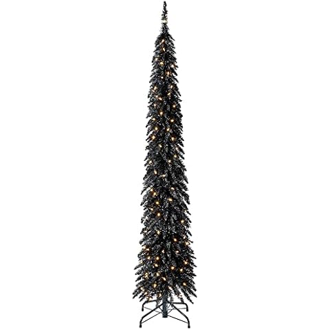 Home Heritage Tinsel Tree 7 Foot Skinny Pencil Pre-Lit Artificial Christmas Tree Holiday Decor with 150 Warm White LED Lights and Stand, Black Cover