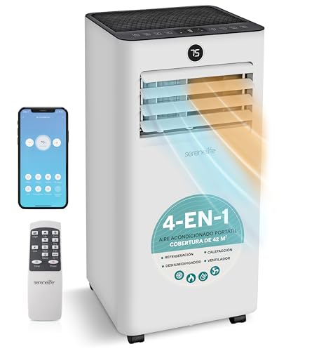 SereneLife Aire Acondicionado Portátil 10000 BTU 2.93 kW con Tubo de Escape, Unidad 4 en 1 con WiFi, Enfriamiento, Calefacción, Ventilador y Deshumidificador, para Habitaciones hasta 31 m