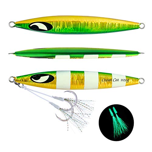 OCEAN CAT Slow Fall Fishing Luers Mental Lead Jigging Sea Baits Flat Hooks 5 Colors 5 Weights (Green&Gold, 8 5/6oz(250g))