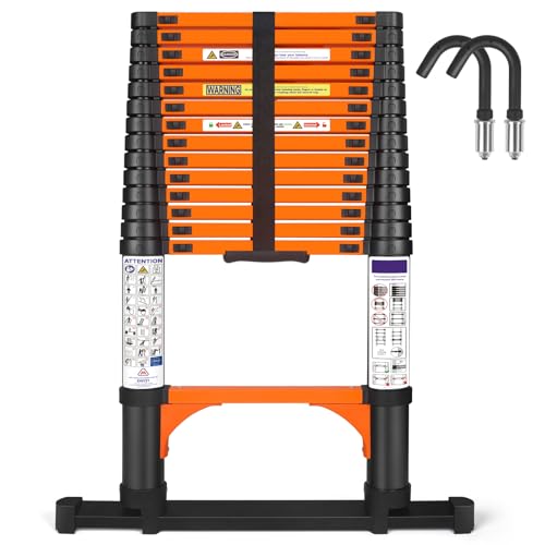 Chanjarhill 4,4m Teleskopleiter, Hochwertig Klappleiter Ausziehbare Leiter mit Stabilisator und Abnehmbaren Haken, Robust Tragbar Stehleiter Haushaltsleiter Anlegeleiter für Wohnmobile und Dachböden