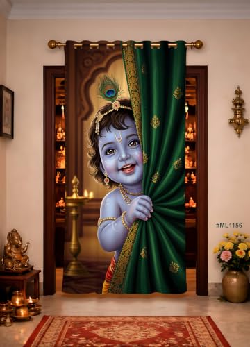 Image of Lord Bal Krishna Printed Door Curtain | Premium Polyester Eyelet Curtain for Pooja Room, Temple Entrance, Living Room & Home Decor | HD Digital Print (ML-1156-1 Panel - 4 x 7 Feet)