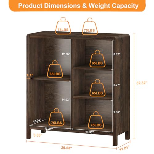 FATORRI 5 Cube Bookshelf, Wood Bookcase with 3 Adjustable Shelves, Farmhouse Cube Storage Organizer Shelf for Small Space Bedroom Living Room (Dark Walnut) - Thumbnail 3