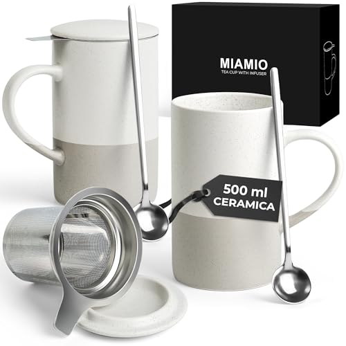 MIAMIO - Set di tazze da tè 2 x 500 ml con infusore e coperchio/Tazza da tè in ceramica con infusore e cucchiaio per la macerazione del tè in foglie, regali per gli amanti del tè (Grigio)