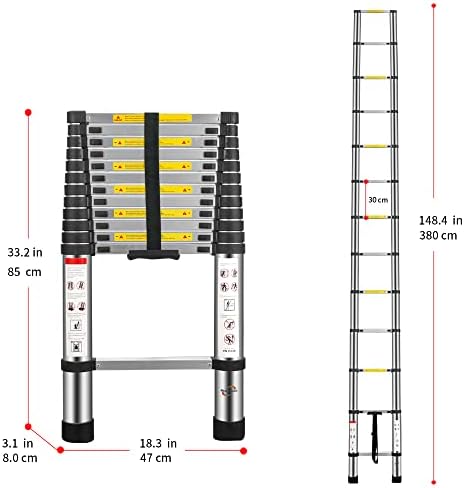 Multibao 3.8M / 12.5FT Telescopic Ladder Multi-Purpose Portable Telescoping Ladder Aluminium Extension Steps Ladder Adjustable Height EN131 Safe Standard 13 Steps 150kg Capacity