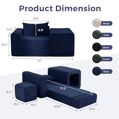 Image of MAXYOYO Folding Sofa Couch, Convertible Floor Sofa with Armrest, Multifunctional Sofa with Pillow and Pockets, Boneless Couch for Living Room, Navy