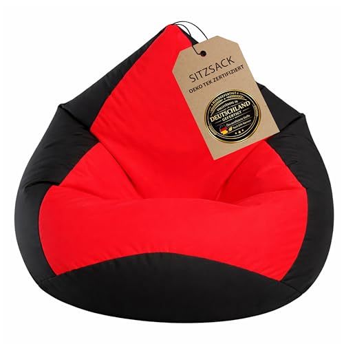 BuBiBag Sitzsack XXL Gaming Bean Bag fertig befüllt Oeko-Tex wasserabweisend Kinder & Erwachsene schwarz-rot 120x95cm