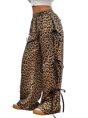 Verdusa Women's Bow Wide Leg Sweatpants Elastic Waist Casual Baggy Pants with Pocket Streetwear Going Out Leopard Large