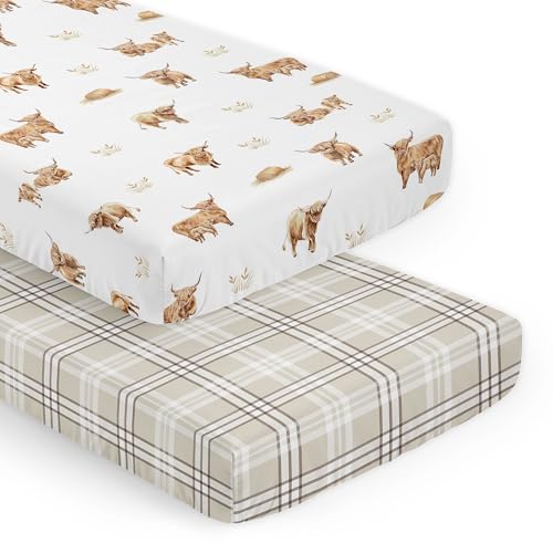 Image of Sweet Jojo Designs 2-Piece Baby Crib Sheets Set (Boho Highland Cow) for Girls or Boys, Infant Nursery, Toddler Room - Fitted, Standard Size (Taupe Plaid and Farm Animal, Watercolor, Rustic Farmhouse)