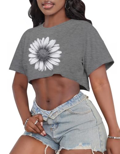 Image of Crop Tops for Women Oversized Short Sleeve T Shirts Crew Neck Cropped Tees
