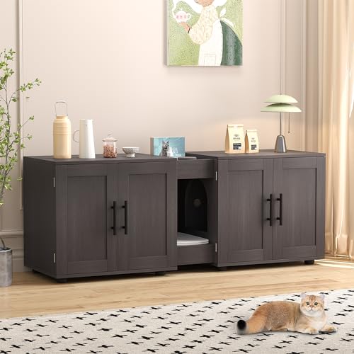 GAOMON Litter Box Enclosure with Double Room,Cat Hidden Litter Box Enclosure Furniture for 2 Cats with Double Room, 55”L x 17.7”W x 22.5”H Cat House,Wooden Enclosed Cat Litter Box Furniture,