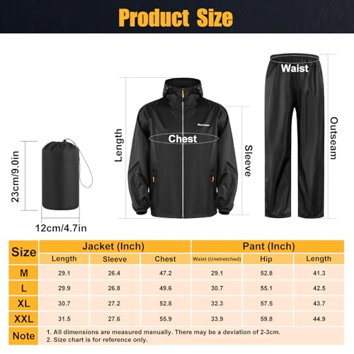LAMA Regenanzug (Regenjacke + Regenhose) Damen Herren, Reflektierender Regenanzüge wasserdichte Kapuzenjacke, Atmungsaktive Regenjacke Regenhose, Raincoat Rainwear mit Kapuze Kapuzenjacke Schwarz L