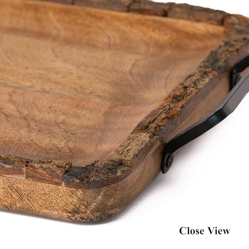 Image of Premium Mango Wood Serving Tray with Handles - Rustic Wooden Tray for Kitchen, Dining, Coffee, Snacks & Home Decor - 14x9 Inch Rectangle Wooden Tray