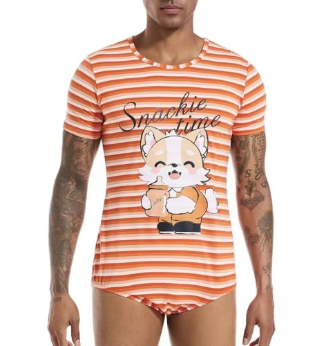 Men's Short Sleeve One Piece Jumpsuit Pajamas Bodysuit Stripe Onesie Print Sleepwear3