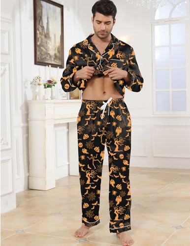 Image of Veseacky Mens Silk Satin Pajamas Set Short Sleeve Sleepwear Button-Down Pjs Sets Two-Pieces Loungewear with Pockets S-XXL