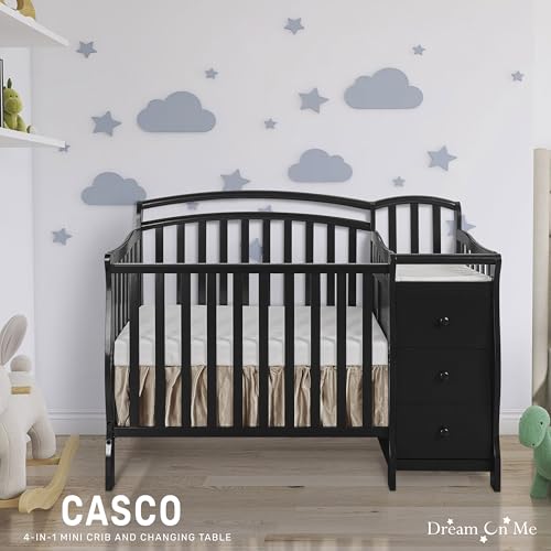Image of Dream On Me Casco 3-in-1 Mini Convertible Baby Crib & Changer with Storage in Black, Pinewood, GreenGuard Gold & BSA, 1 inch Mattress Pad, 3 Mattress Heights, Converts to Mini Day & Twin-Size Bed