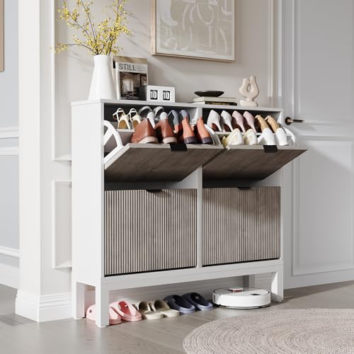 GarveeHome Fluted Shoe Storage Cabinet with 4 Flip Drawers, Narrow Wooden Shoe Organizer with Metal Legs, Modern Farmhouse Hidden Shoe Rack for Entryway, Hallway, White+Gray