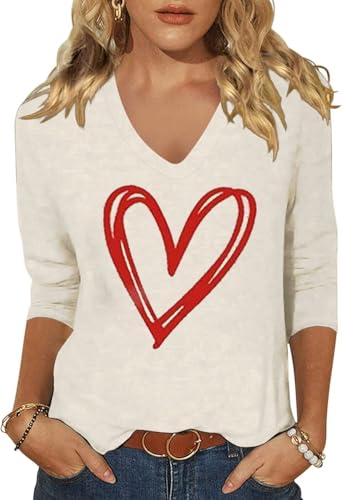 Image of Womens 3 /4 Sleeve V Neck Valentine T Shirts Love Heart Printed Graphic Tee Tops