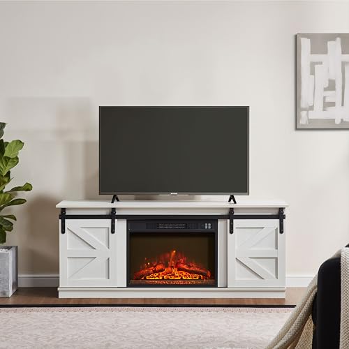 AOPNOMU Farmhouse Fireplace TV Stand, 65 Inch Corner TV Stand with Sliding Barn Door and Storage, Electric Fireplace Entertainment Center with Shelves, MDF & Metal TV Console for Living Room White