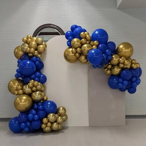 Image of YMSZ Royal Blue and Gold Balloons Garland Arch Kit, 134pcs Metallic Gold and Blue Balloons for Birthday, Baby Shower, Anniversary, Graduation Party Decorations