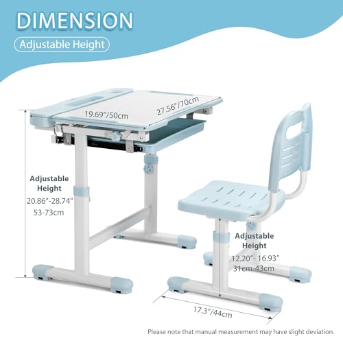 Rengue Kids Desk and Chair Set, Height Adjustable Children School Functional Study Desk with 55° Tiltable Desktop, 3 Modes & Brightness LED Light, Storage Drawer & Metal Hook for Boys Girls (Blue)