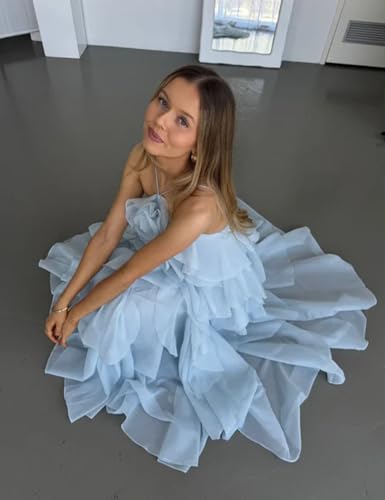 Chiffon 3D Flower Prom Dress Spaghetti Strap Tiered Ruffles Bridesmaid Dresses Backless Long Evening Party Gown3