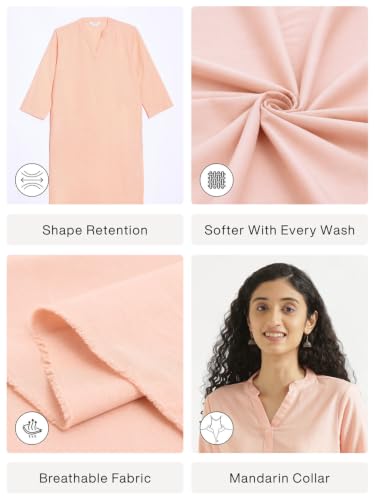 Image of SAADAA Women's Linen Straight Fit Straight Long Kurta Airy Plain Kurta, 3 /4 Sleeve, Knee Length Kurtis with Pockets, Casual and Office Wear