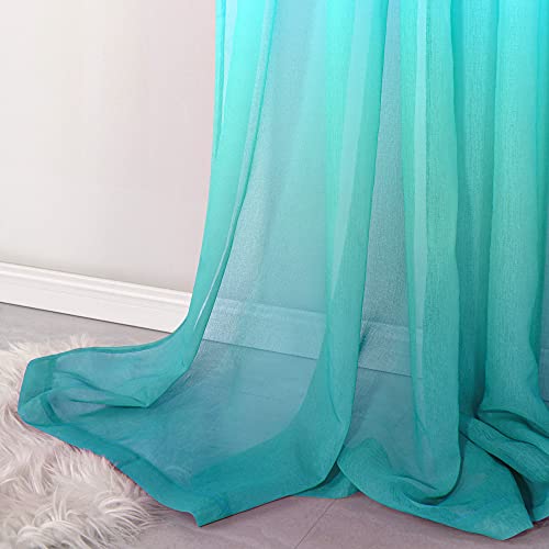 Orange Sheer Curtains 84 Inch Length For Bedroom 2 Panels Set Window Drapes Ombre Orange And Green Sea Teal Beach Vacation Holiday Havana Decor Curtains For Living Room Summer Hawaii Decorations #TOP2