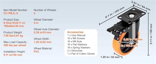 Roulette de chaise de bureau 6 pouces avec plaque pivotante et frein pour sol dur x4 - 5
