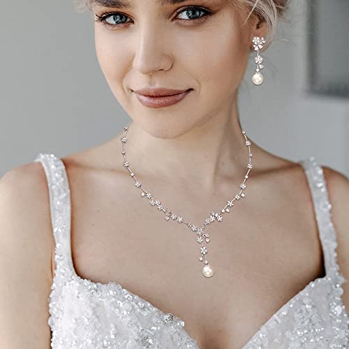 Image of White Faux Pearl Leaf Vine Bridal Cubic Zirconia Jewelry Set for Women