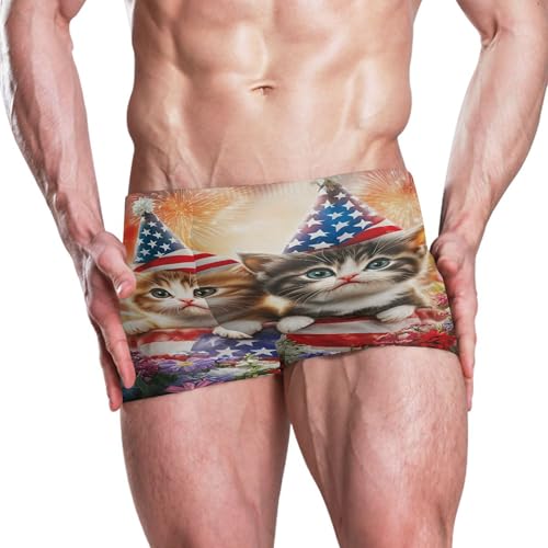 July 4th American Flag Kitten Cat Cute Mens Swim Trunk Swimwear Swim Brief Square Leg Board Short S S04071112