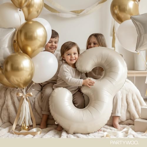 Image of PartyWoo Beige Number 3 Balloon 40 Inch 25pcs White Sand Foil Star Gold