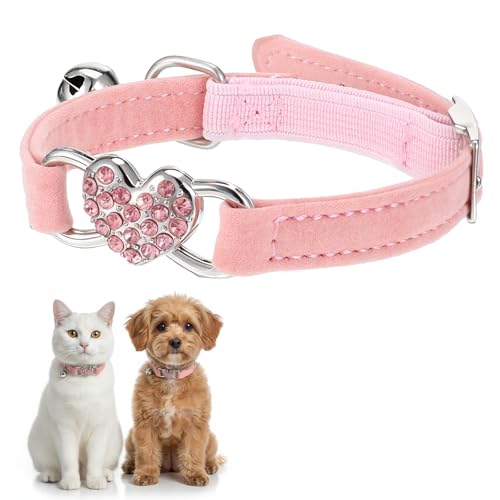 Adjustable Cat Collar, Cat Collars for Girl Cats, Bling Rhinestone Heart,Pink Cats Collar, Pink Puppy Collars with Bell, 8-11 Inches